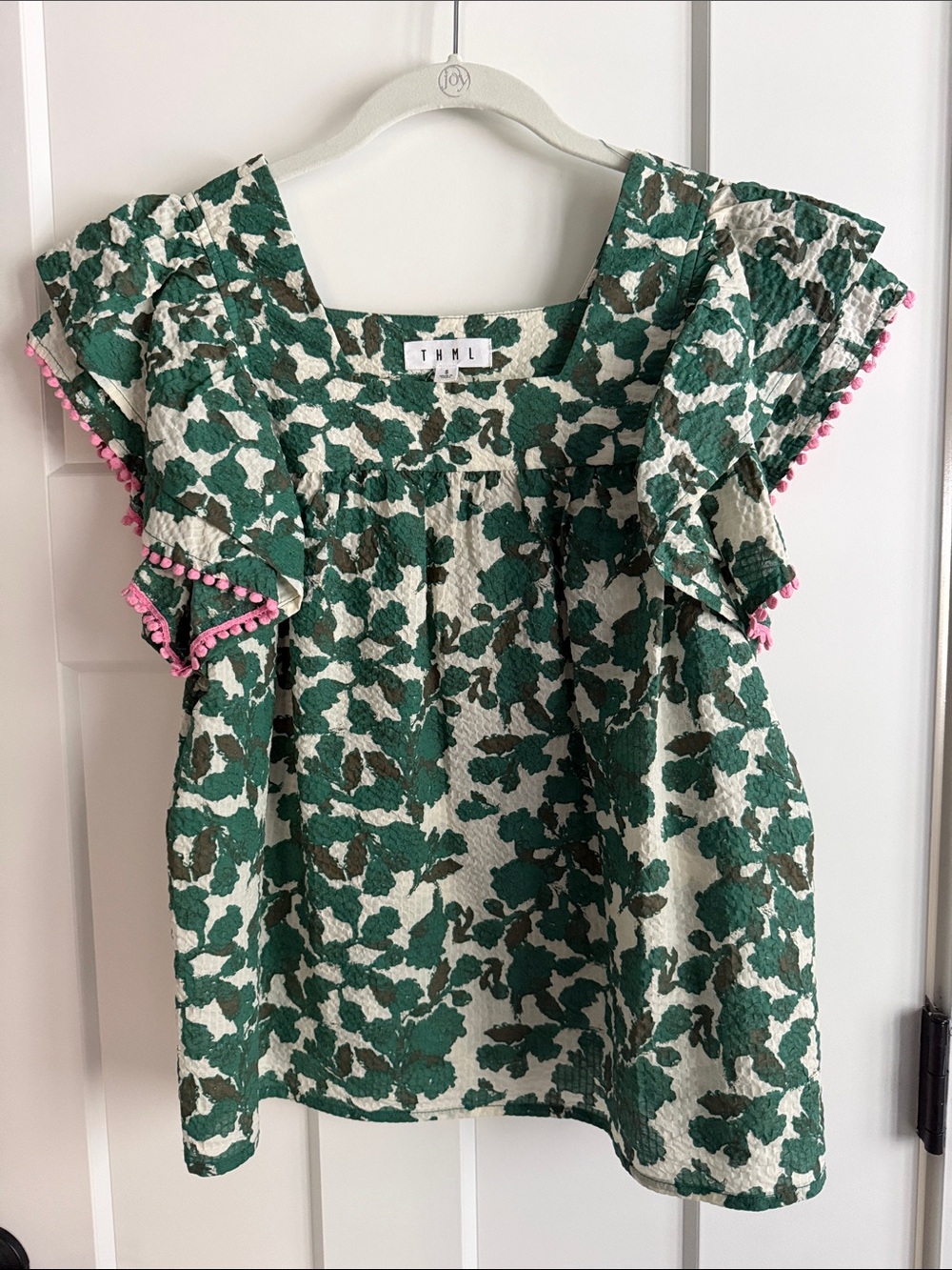 THML Green and Cream Floral Square-Neck Top with Ruffle and Pom Detail